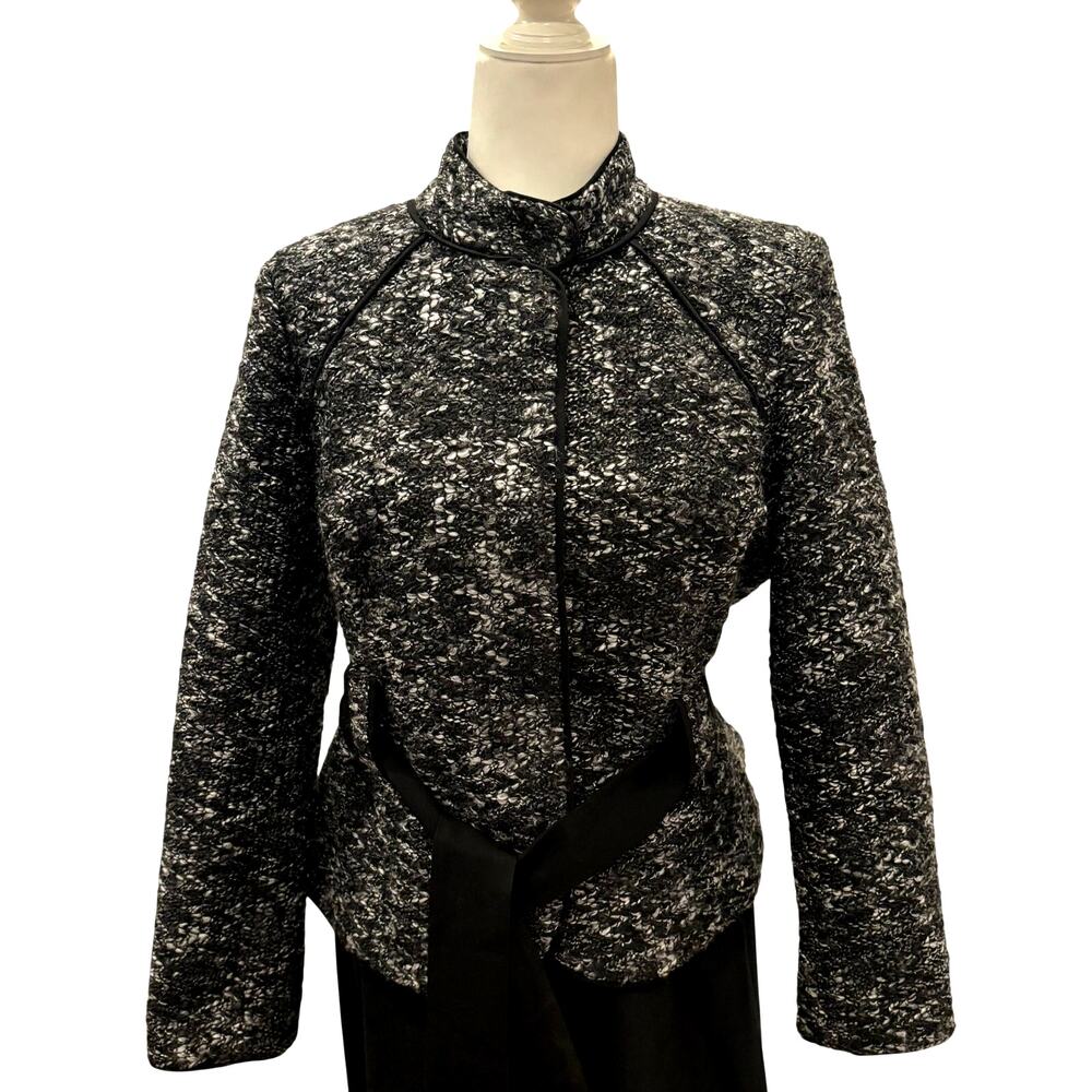 Sandro Tweed Coat Jacket Black White Tie Back Tailored Size M